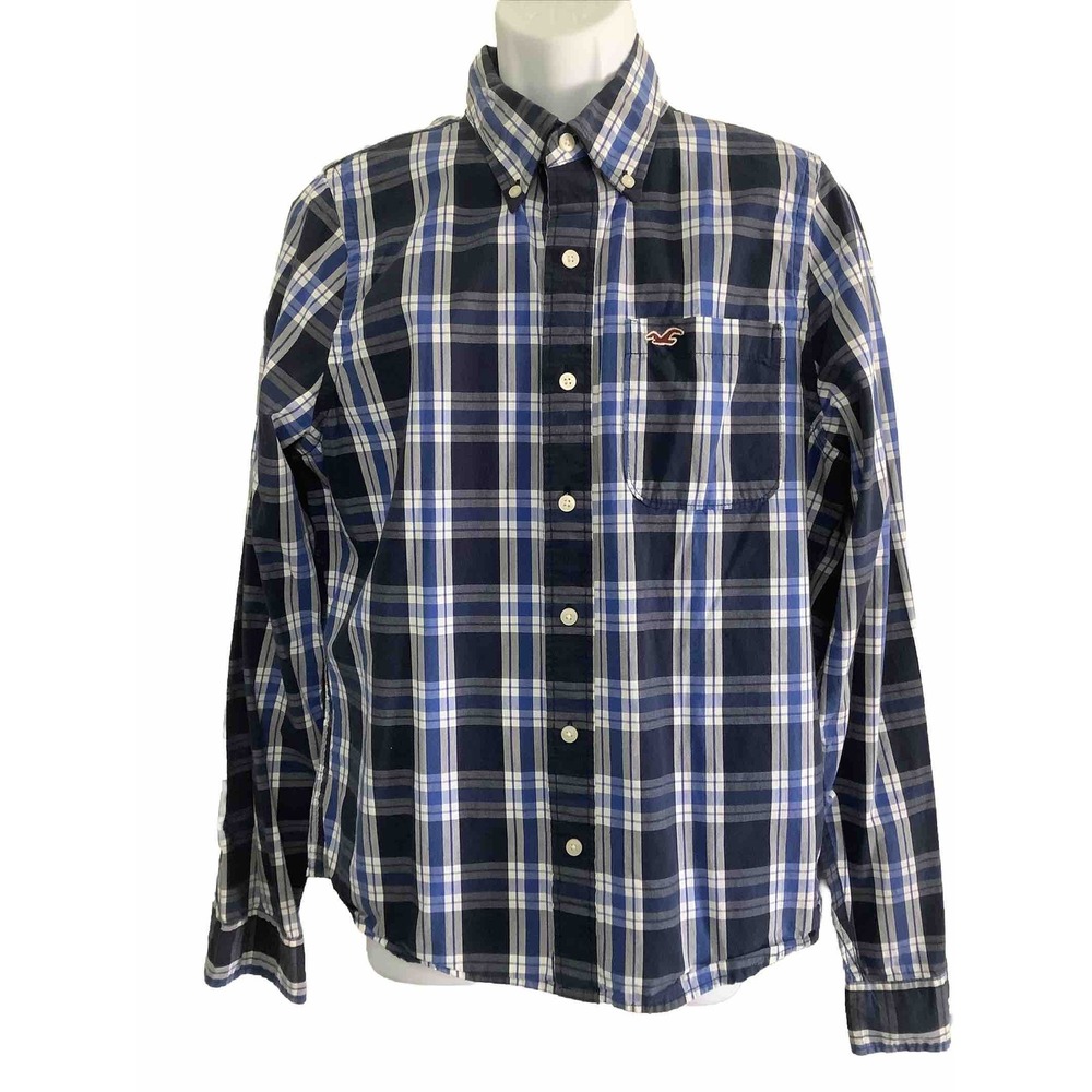 Hollister Men's Blue Checkers Button Down Shirt Pocket Tee L/S Size Extra Large